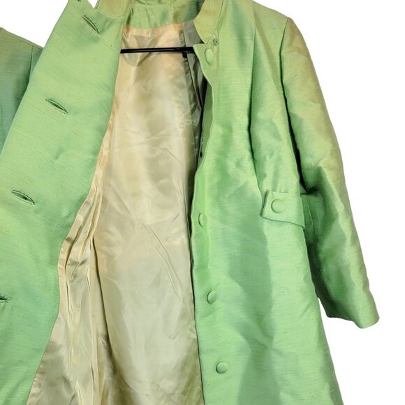 Vintage 60s Mod Silk Set Women 10 Medium Green Peacoat Jacket Knee Length Dress - Picture 13 of 15